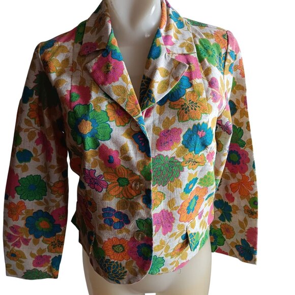 Women's Small Vintage Blazer Jacket 60's Beeline Fashions Floral Print Linen Mod - Picture 2 of 7